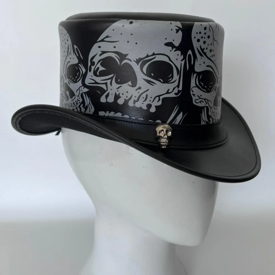 White Handmade Leather Festival Top Hat Style 128 back view - white costume top hat with structured crown
