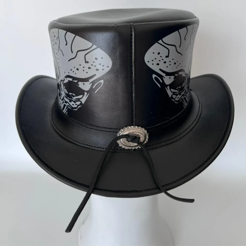White Handmade Leather Festival Top Hat Style 128 side view - white costume top hat with structured crown