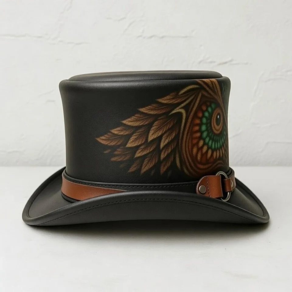 Black Owl Artwork Top Hat back view - black with multicolor artwork tall top hat / western top hat