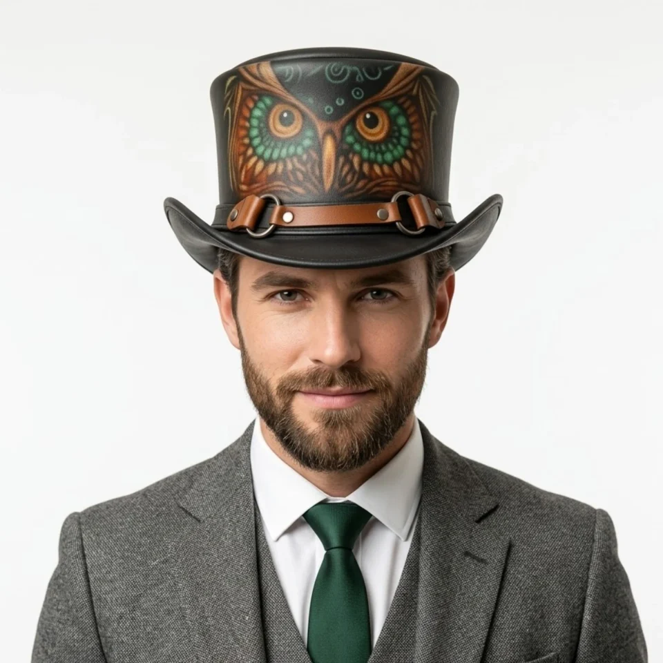 Black Owl Artwork Top Hat front view - black with multicolor artwork tall top hat / western top hat