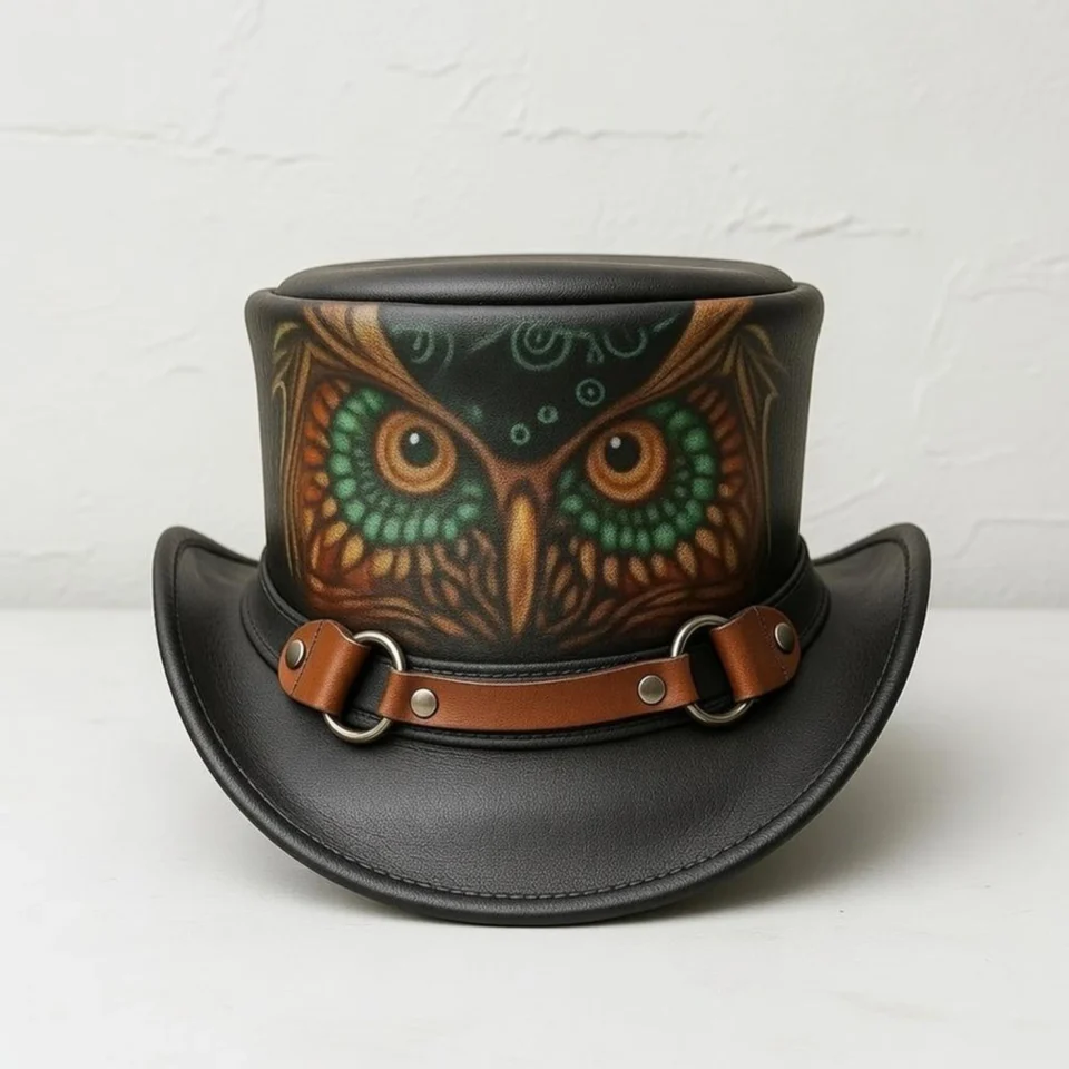 Black Owl Artwork Top Hat side view - black with multicolor artwork tall top hat / western top hat