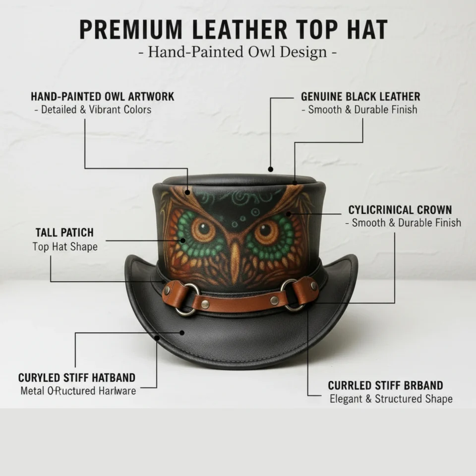 Black Owl Artwork Top Hat three-quarter view - black with multicolor artwork tall top hat / western top hat
