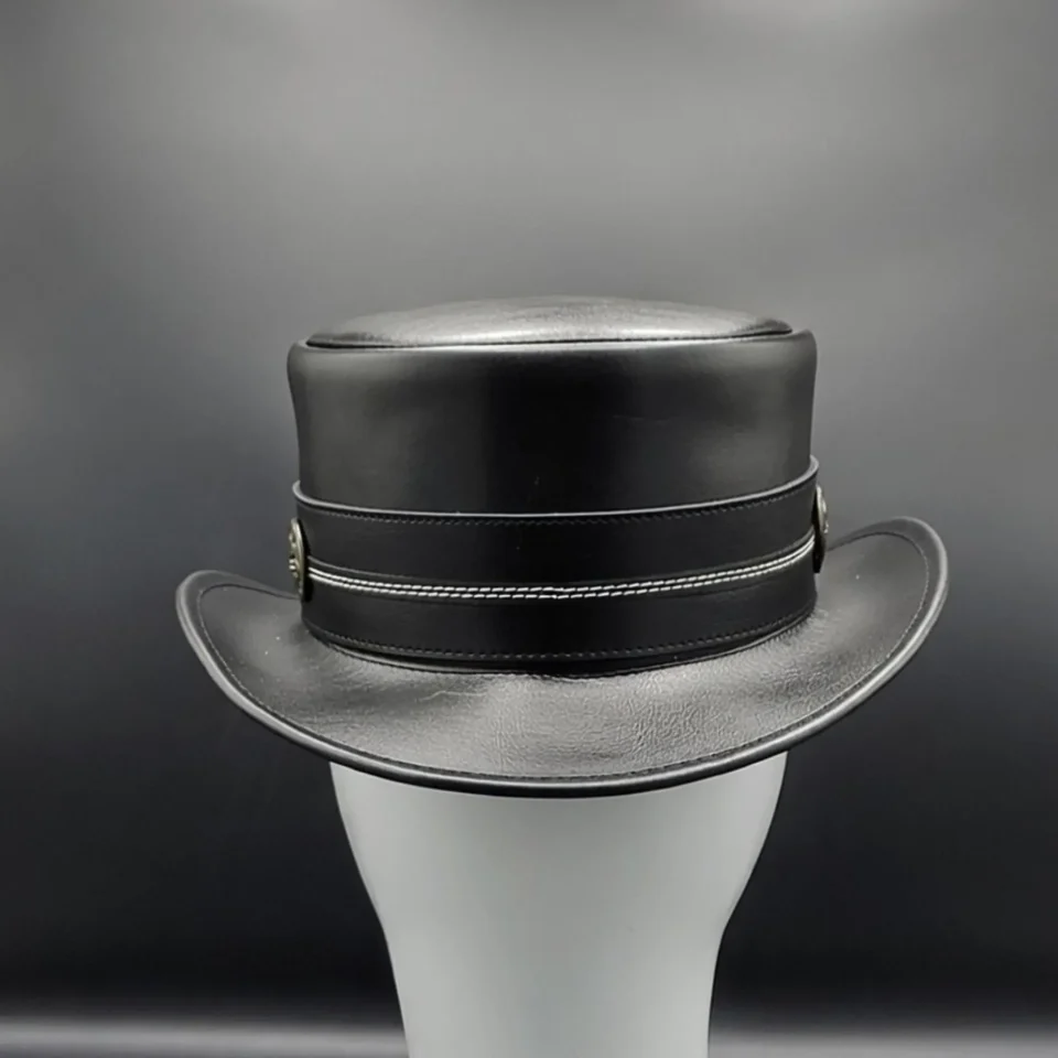 Black Top Hat with Badge Accent back view - black tall top hat / western top hat