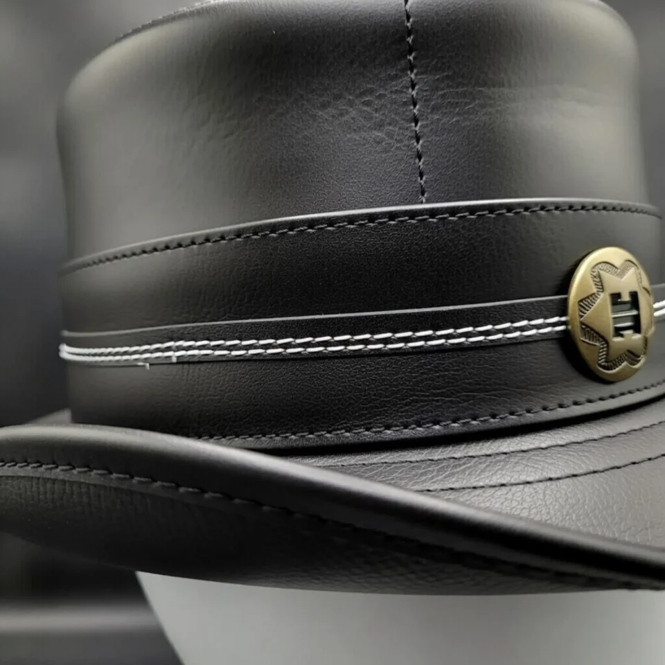 Black Top Hat with Badge Accent detail view - black tall top hat / western top hat