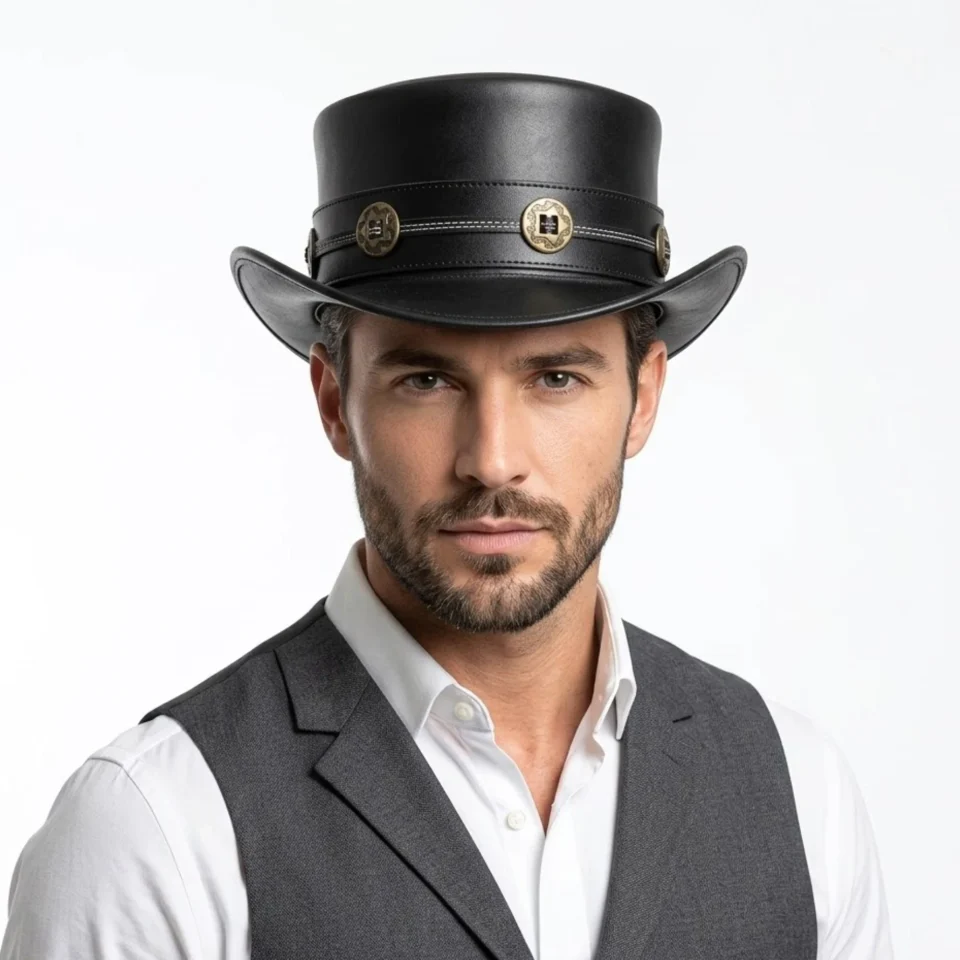 Black Top Hat with Badge Accent front view - black tall top hat / western top hat