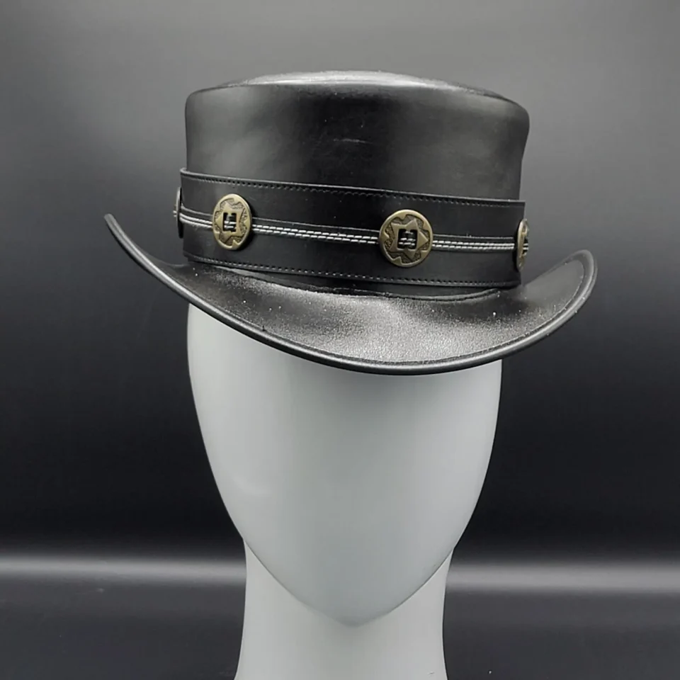 Black Top Hat with Badge Accent side view - black tall top hat / western top hat