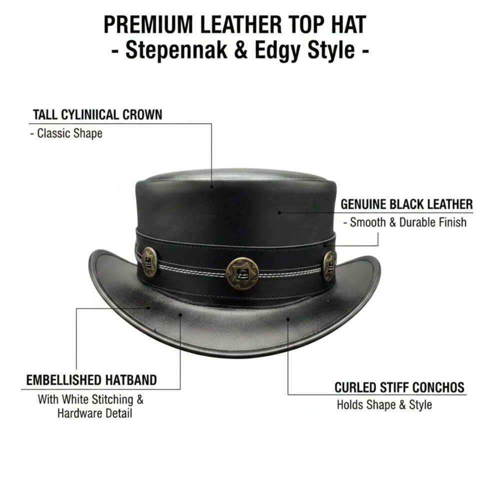 Black Top Hat with Badge Accent three-quarter view - black tall top hat / western top hat