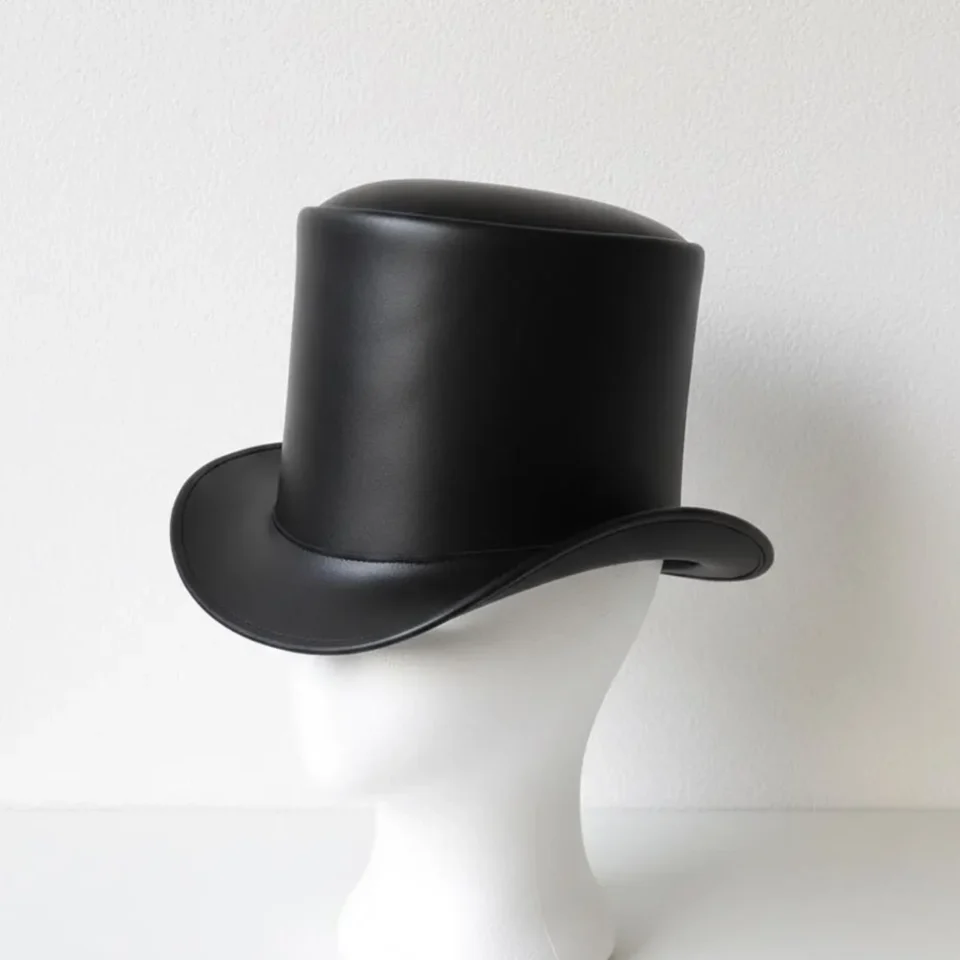 White Handmade Leather Festival Top Hat Style 188 back view - white costume top hat with structured crown