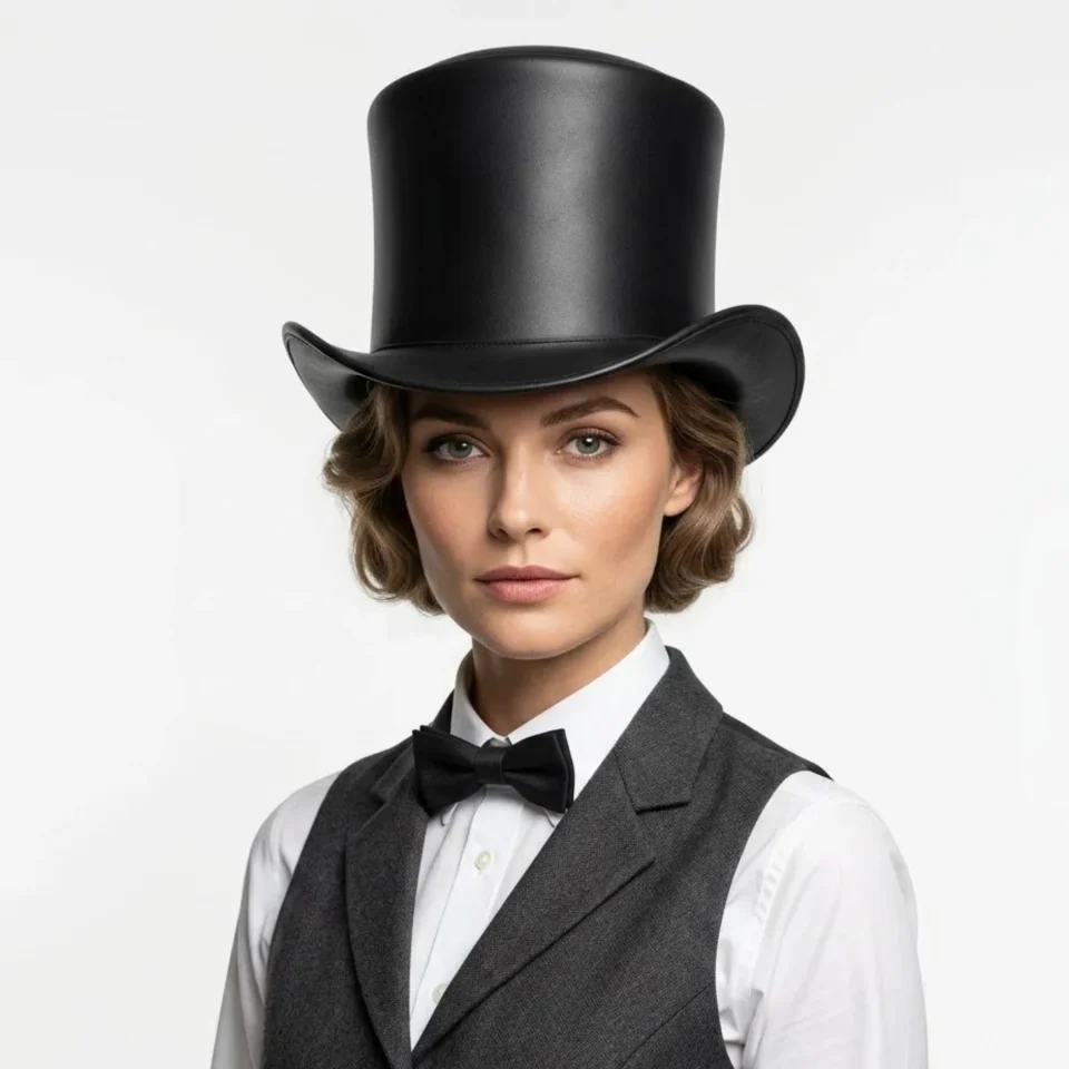 White Handmade Leather Festival Top Hat Style 188 front view - white costume top hat with structured crown