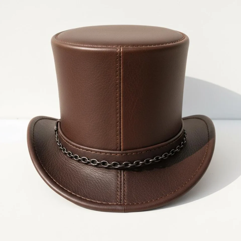 Brown Top Hat with Chain Trim back view - medium brown tall top hat / western top hat