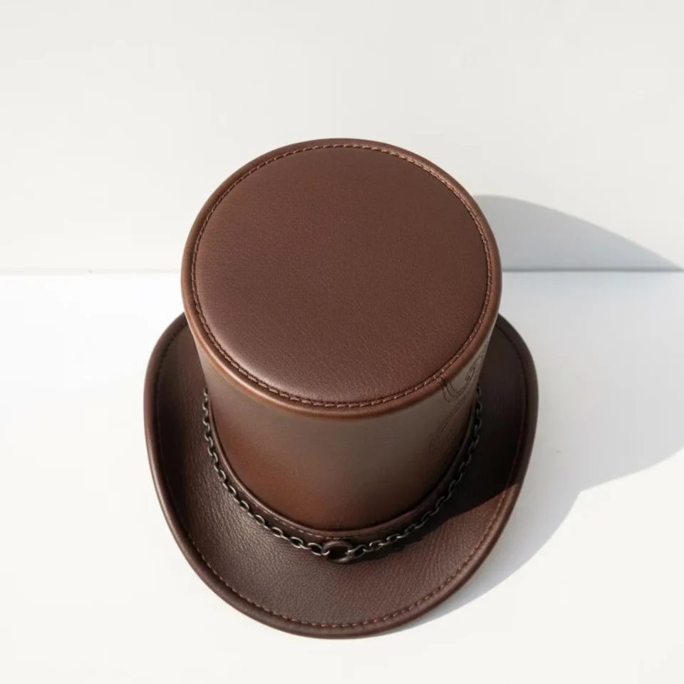 Brown Top Hat with Chain Trim detail view - medium brown tall top hat / western top hat