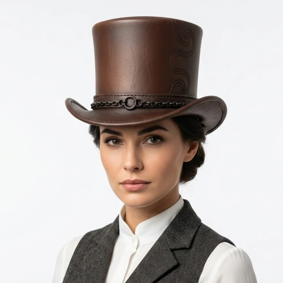 Brown Top Hat with Chain Trim front view - medium brown tall top hat / western top hat