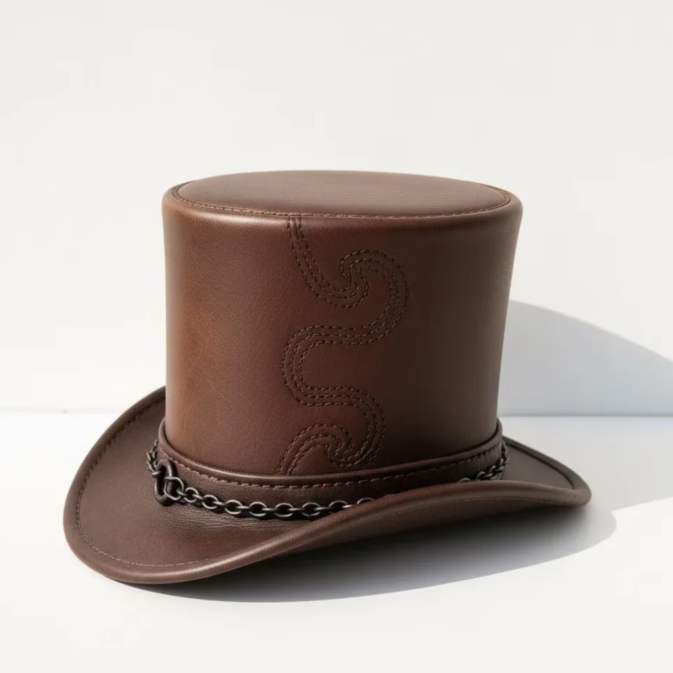 Brown Top Hat with Chain Trim gallery view 5 - medium brown tall top hat / western top hat