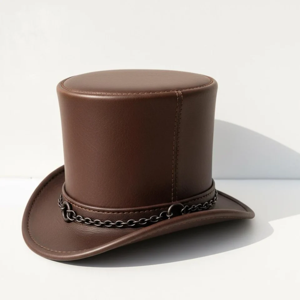 Brown Top Hat with Chain Trim gallery view 6 - medium brown tall top hat / western top hat
