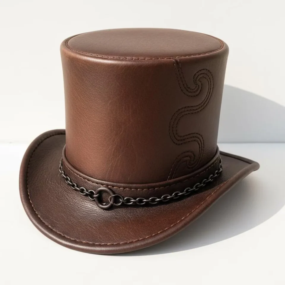 Brown Top Hat with Chain Trim side view - medium brown tall top hat / western top hat