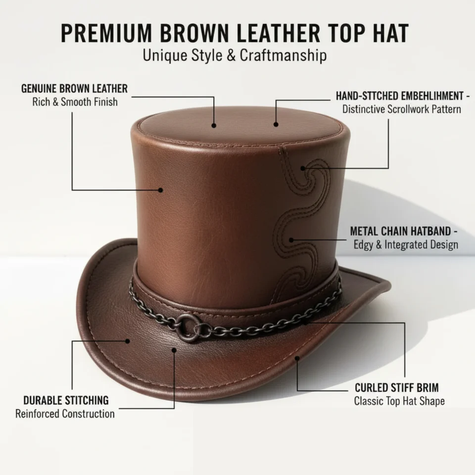 Brown Top Hat with Chain Trim three-quarter view - medium brown tall top hat / western top hat