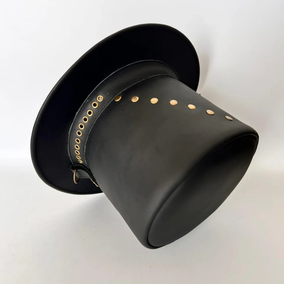 Black Top Hat with Brass Studs detail view - black tall top hat / western top hat