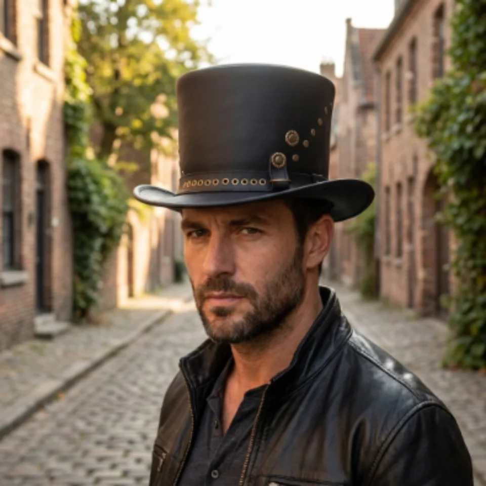 Black Top Hat with Brass Studs front view - black tall top hat / western top hat