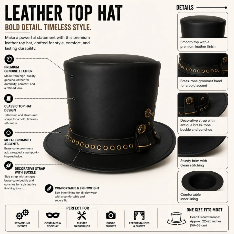 Black Top Hat with Brass Studs three-quarter view - black tall top hat / western top hat