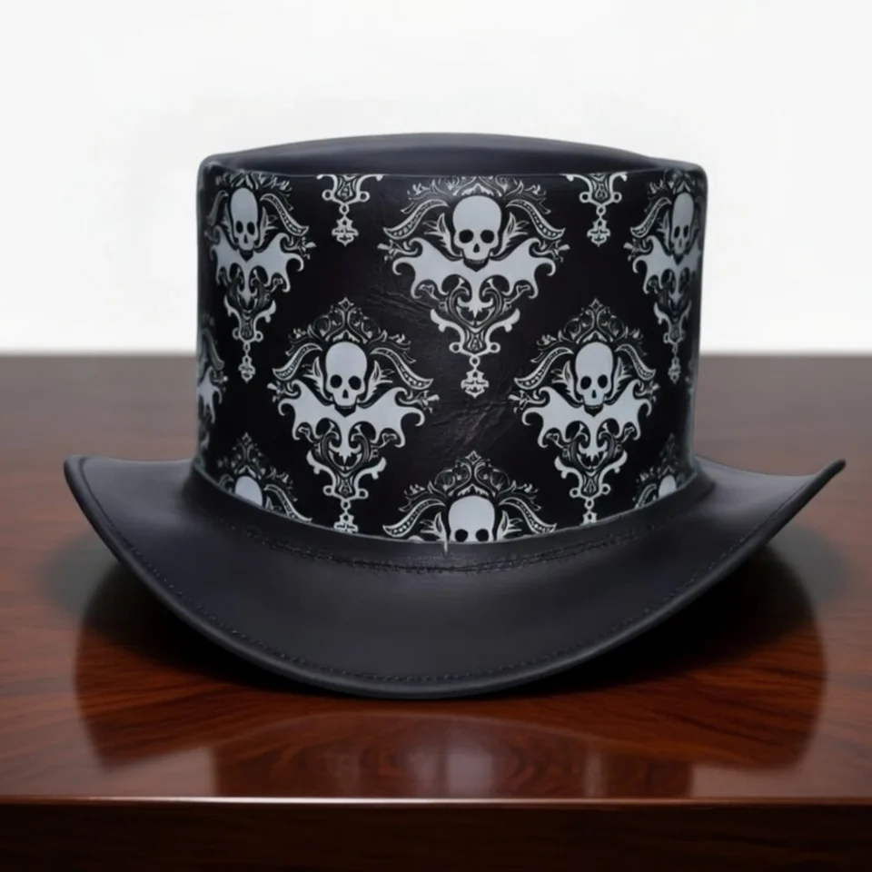 White Handmade Leather Statement Top Hat Style 045 front view - white steampunk top hat with structured crown
