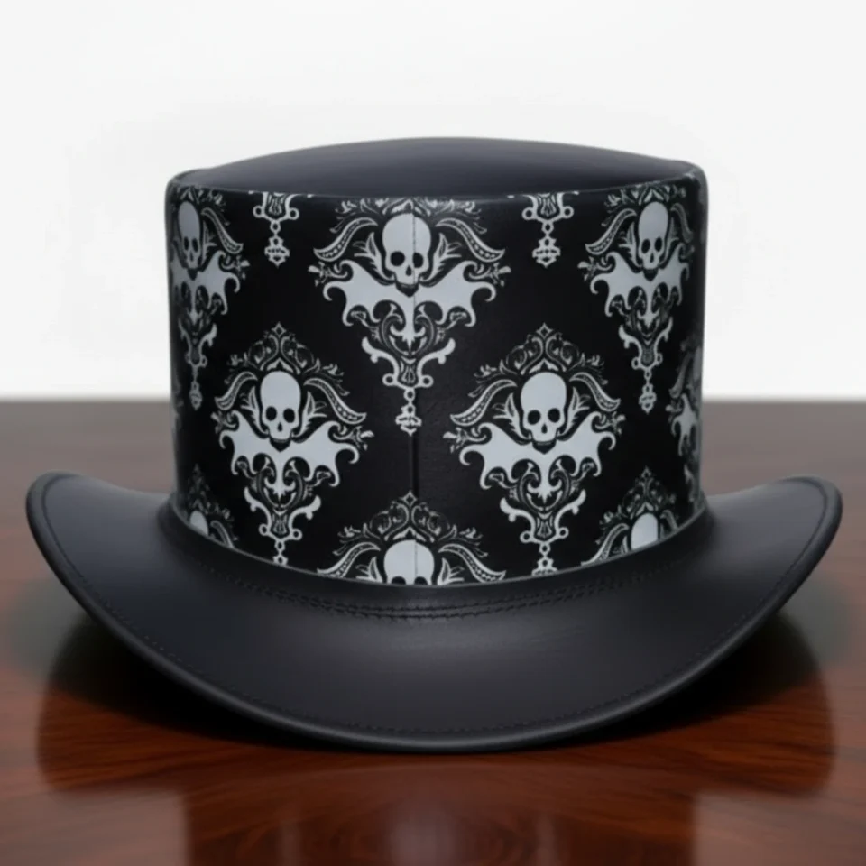 White Handmade Leather Statement Top Hat Style 045 side view - white steampunk top hat with structured crown