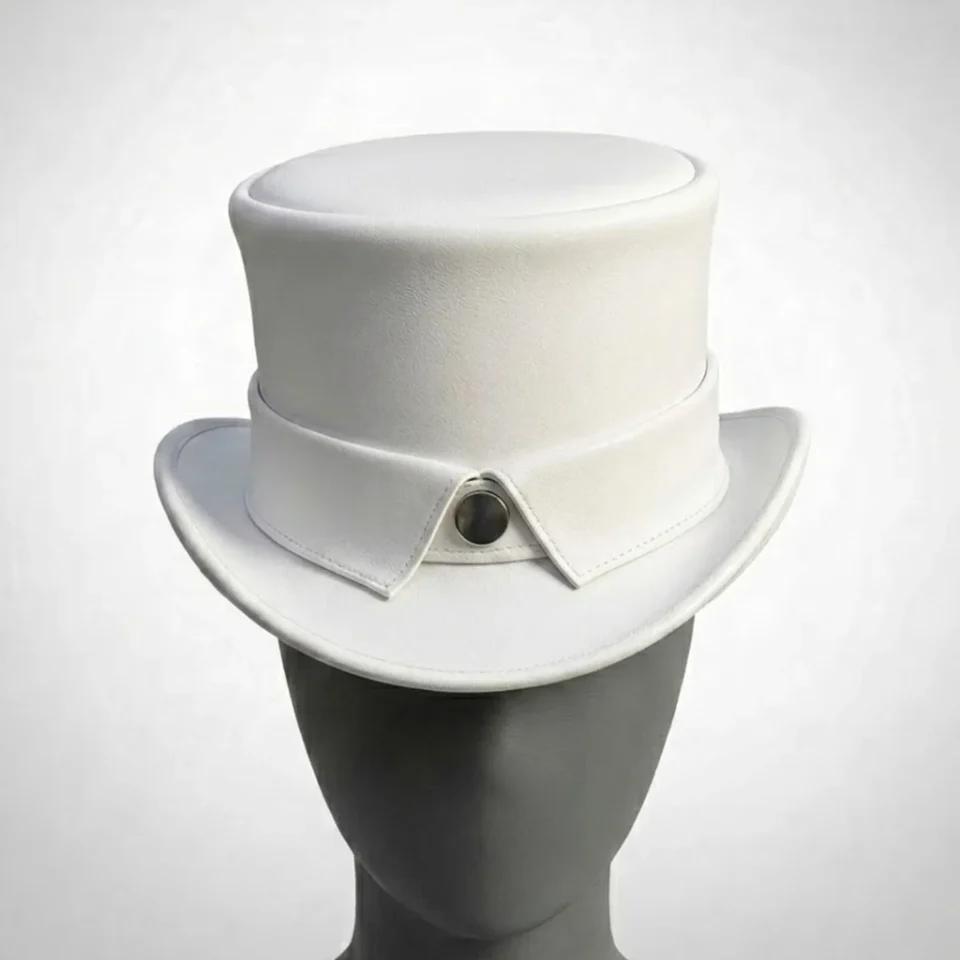 White Handmade Leather Statement Top Hat Style 069 back view - white steampunk top hat with structured crown