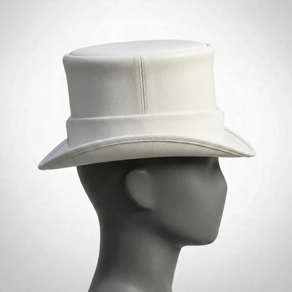 White Handmade Leather Statement Top Hat Style 069 detail view - white steampunk top hat with structured crown