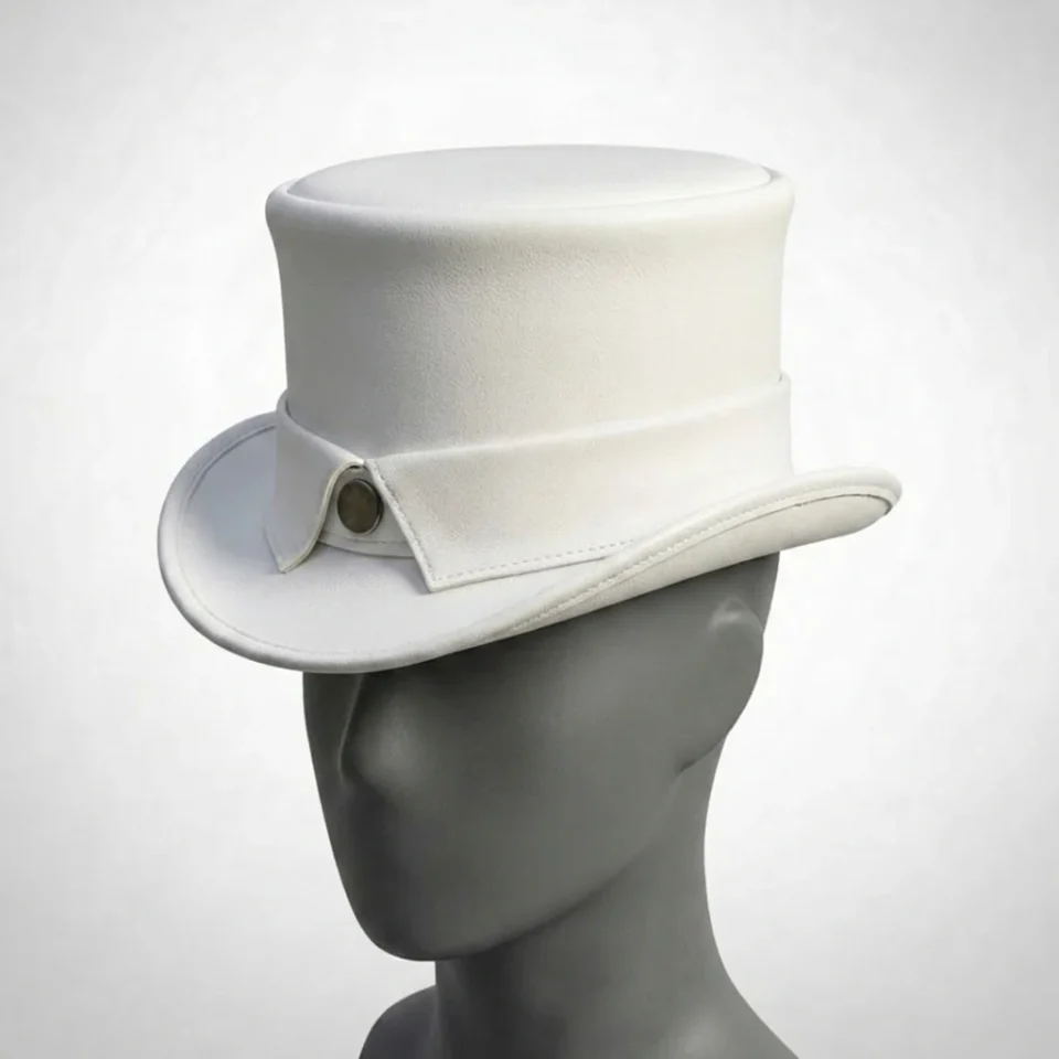 White Handmade Leather Statement Top Hat Style 069 front view - white steampunk top hat with structured crown