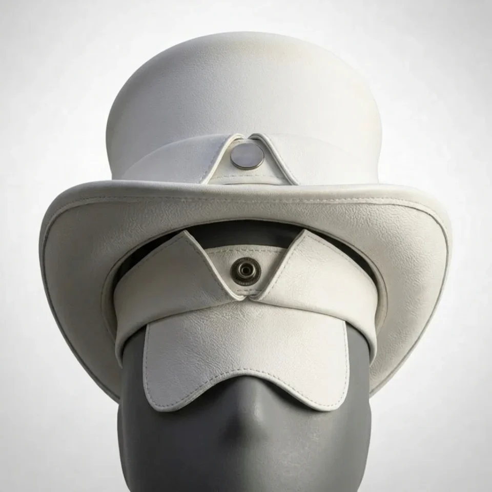 White Handmade Leather Statement Top Hat Style 069 gallery view 05 - white steampunk top hat with structured crown