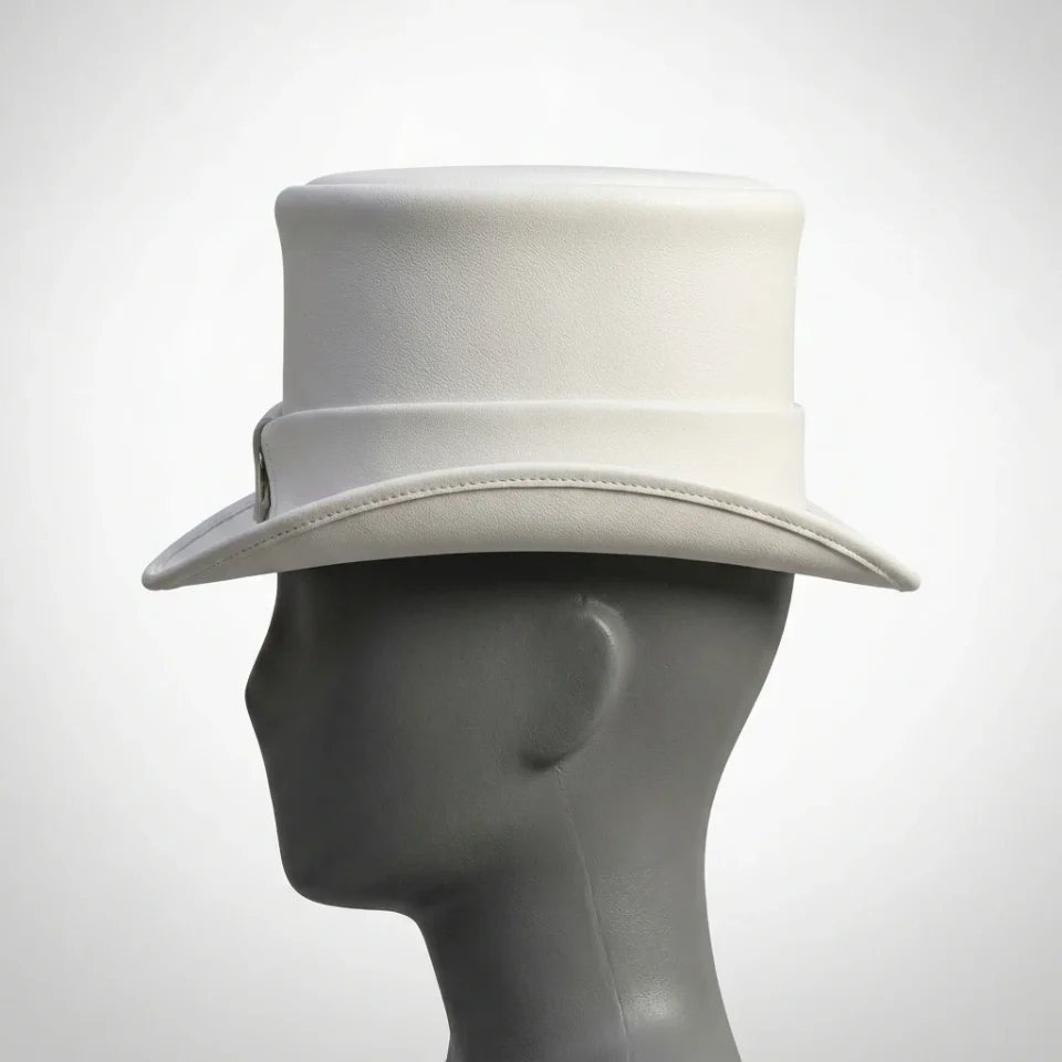 White Handmade Leather Statement Top Hat Style 069 gallery view 06 - white steampunk top hat with structured crown