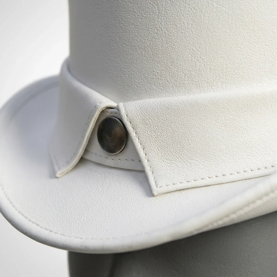 White Handmade Leather Statement Top Hat Style 069 gallery view 07 - white steampunk top hat with structured crown