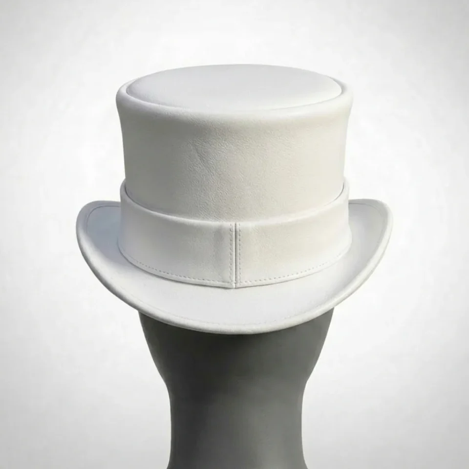 White Handmade Leather Statement Top Hat Style 069 gallery view 08 - white steampunk top hat with structured crown
