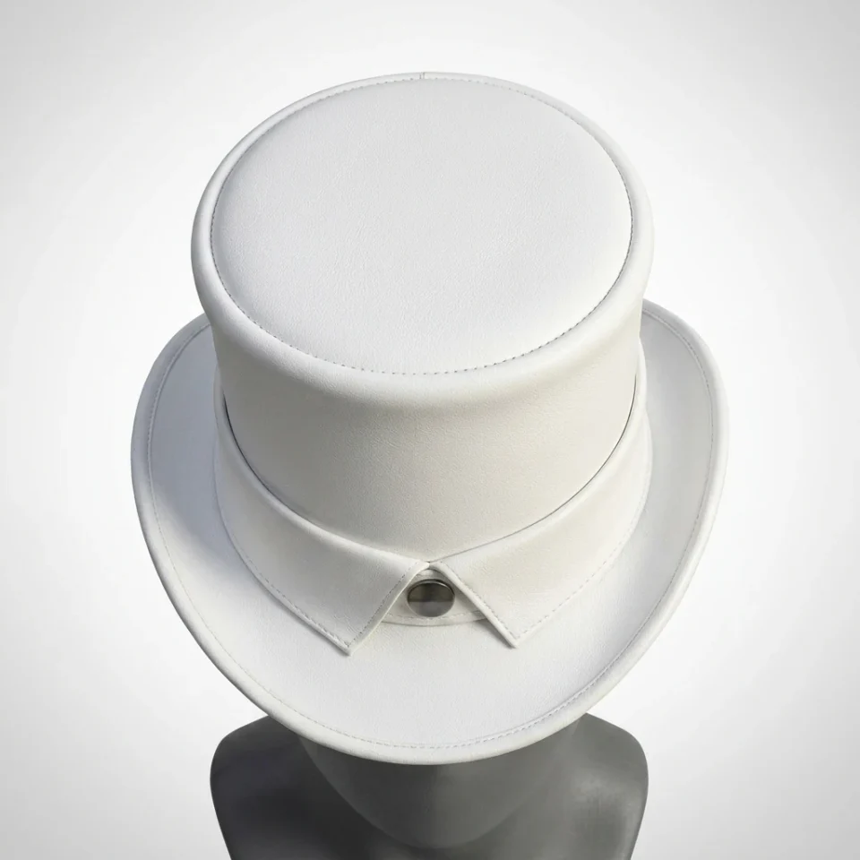White Handmade Leather Statement Top Hat Style 069 side view - white steampunk top hat with structured crown