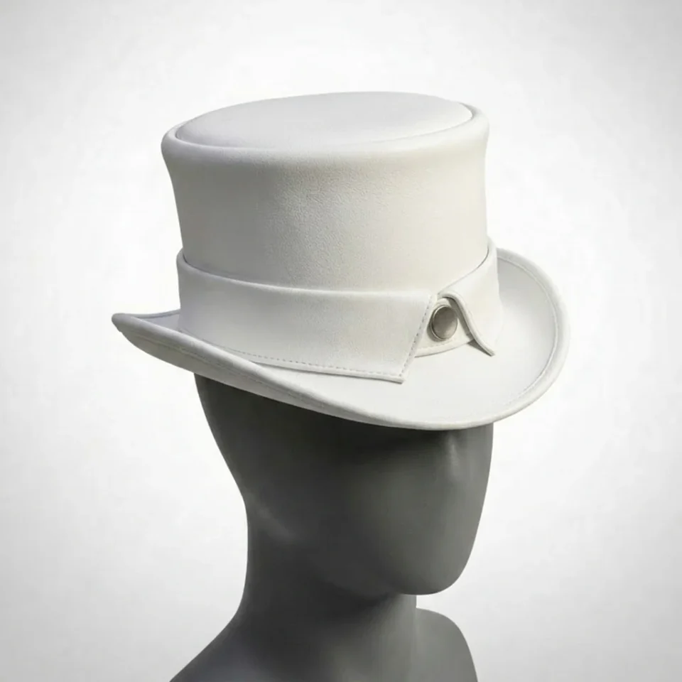 White Handmade Leather Statement Top Hat Style 069 three quarter view - white steampunk top hat with structured crown