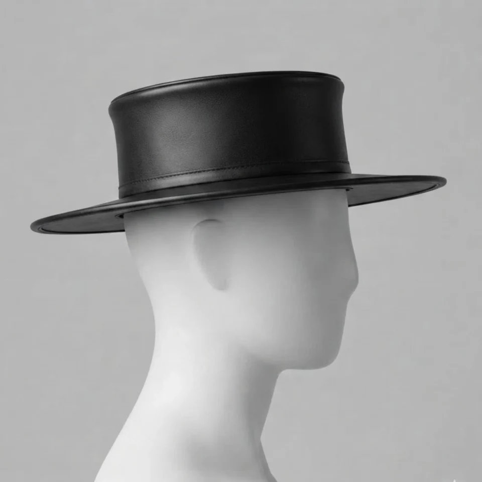 White Handmade Leather Statement Top Hat Style 072 back view - white steampunk top hat with structured crown