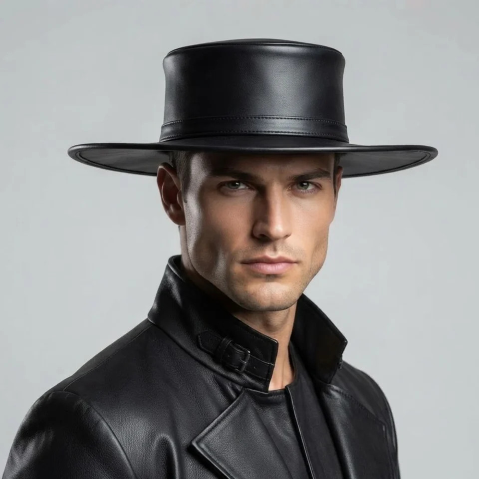 White Handmade Leather Statement Top Hat Style 072 detail view - white steampunk top hat with structured crown