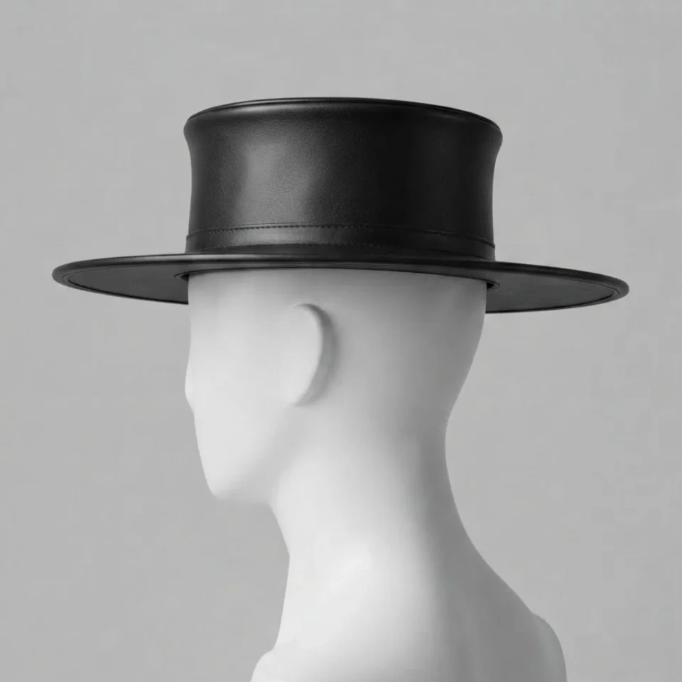 White Handmade Leather Statement Top Hat Style 072 side view - white steampunk top hat with structured crown