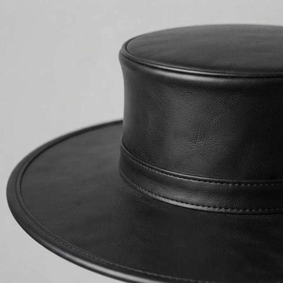 White Handmade Leather Statement Top Hat Style 072 three quarter view - white steampunk top hat with structured crown