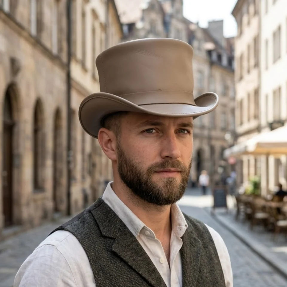 White Handmade Leather Statement Top Hat Style 084 front view - white steampunk top hat with structured crown