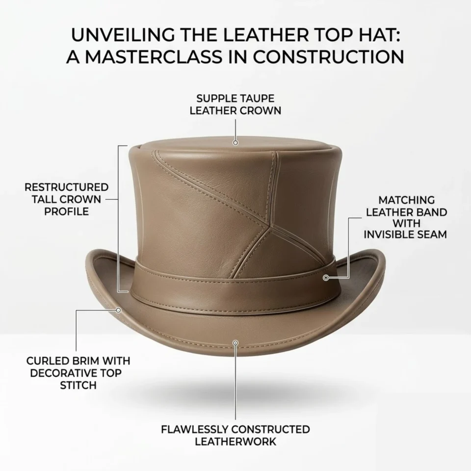 White Handmade Leather Statement Top Hat Style 084 three quarter view - white steampunk top hat with structured crown