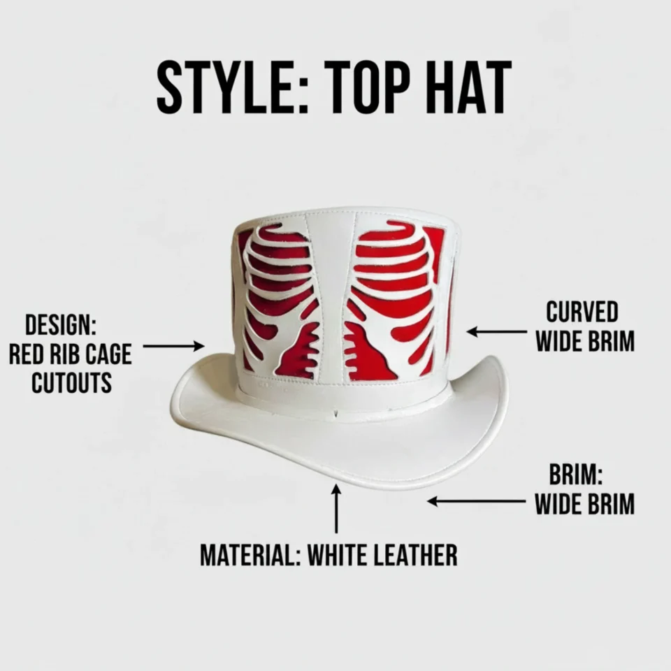 White Handmade Leather Statement Top Hat Style 102 detail view - white steampunk top hat with structured crown
