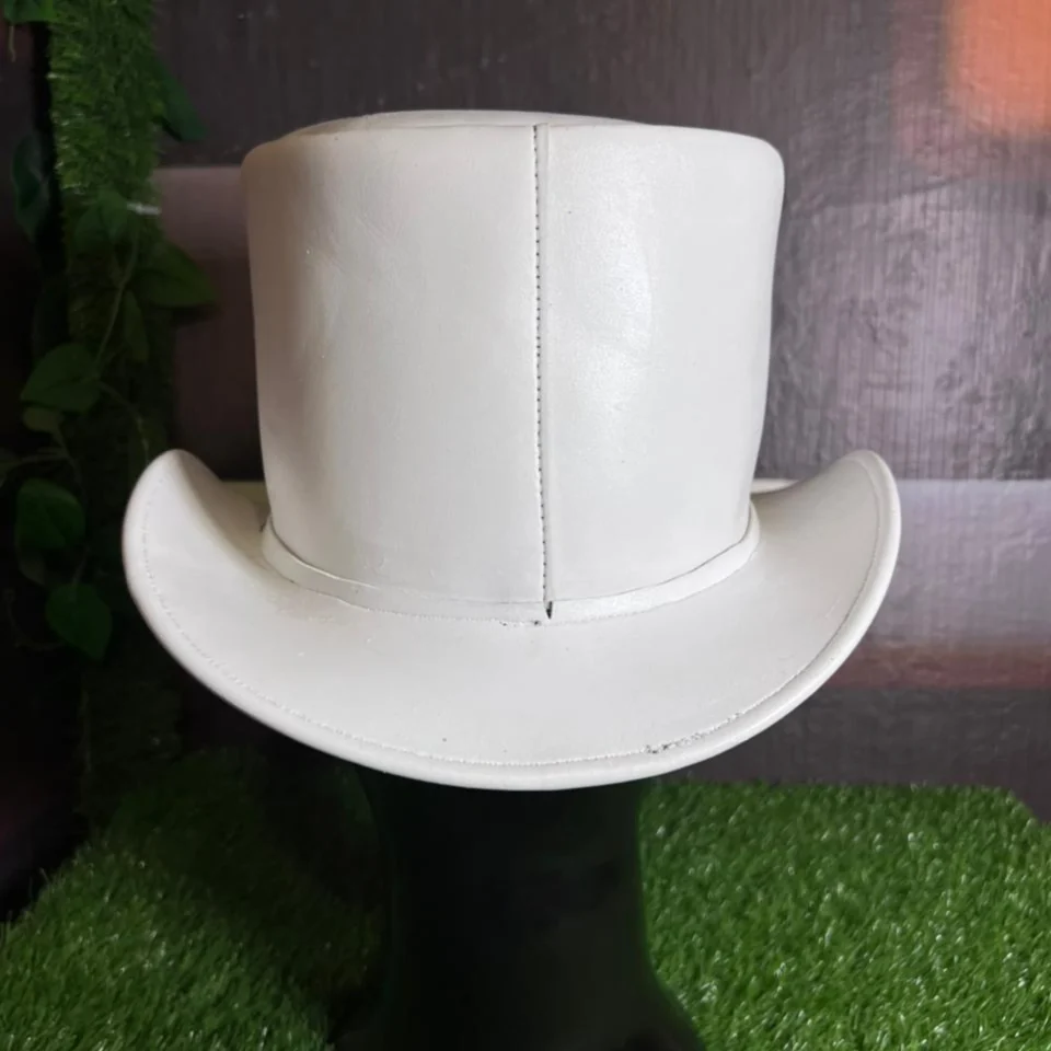 White Handmade Leather Statement Top Hat Style 102 gallery view 05 - white steampunk top hat with structured crown