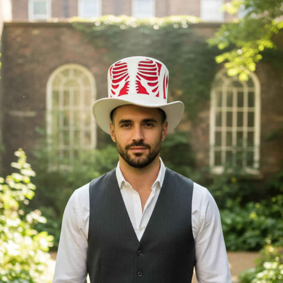 White Handmade Leather Statement Top Hat Style 102 gallery view 06 - white steampunk top hat with structured crown