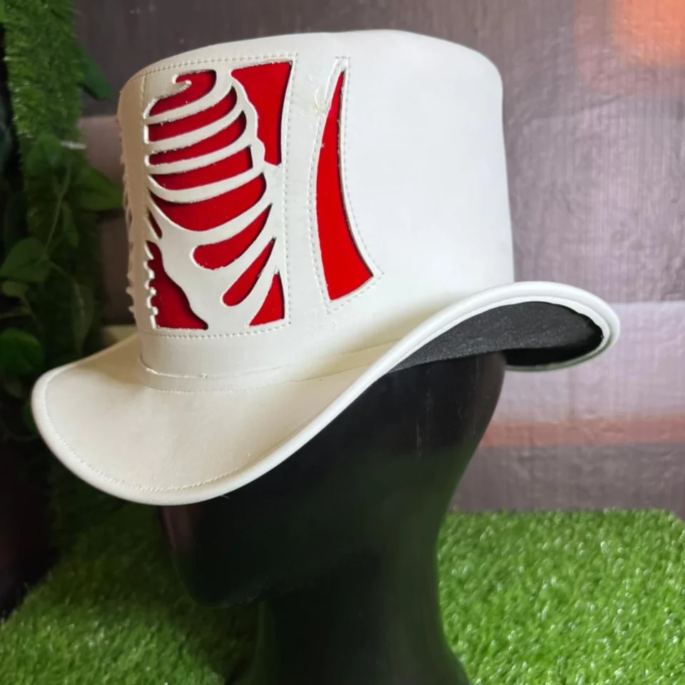 White Handmade Leather Statement Top Hat Style 102 side view - white steampunk top hat with structured crown