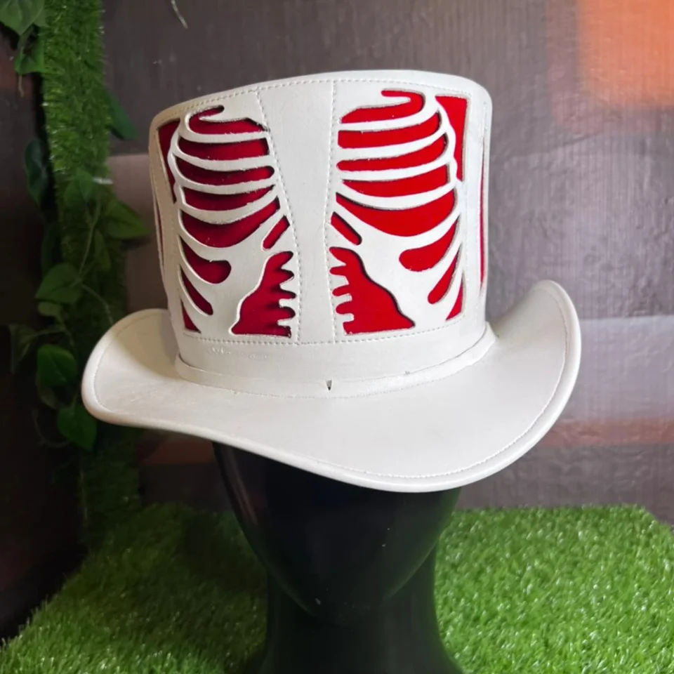 White Handmade Leather Statement Top Hat Style 102 three quarter view - white steampunk top hat with structured crown
