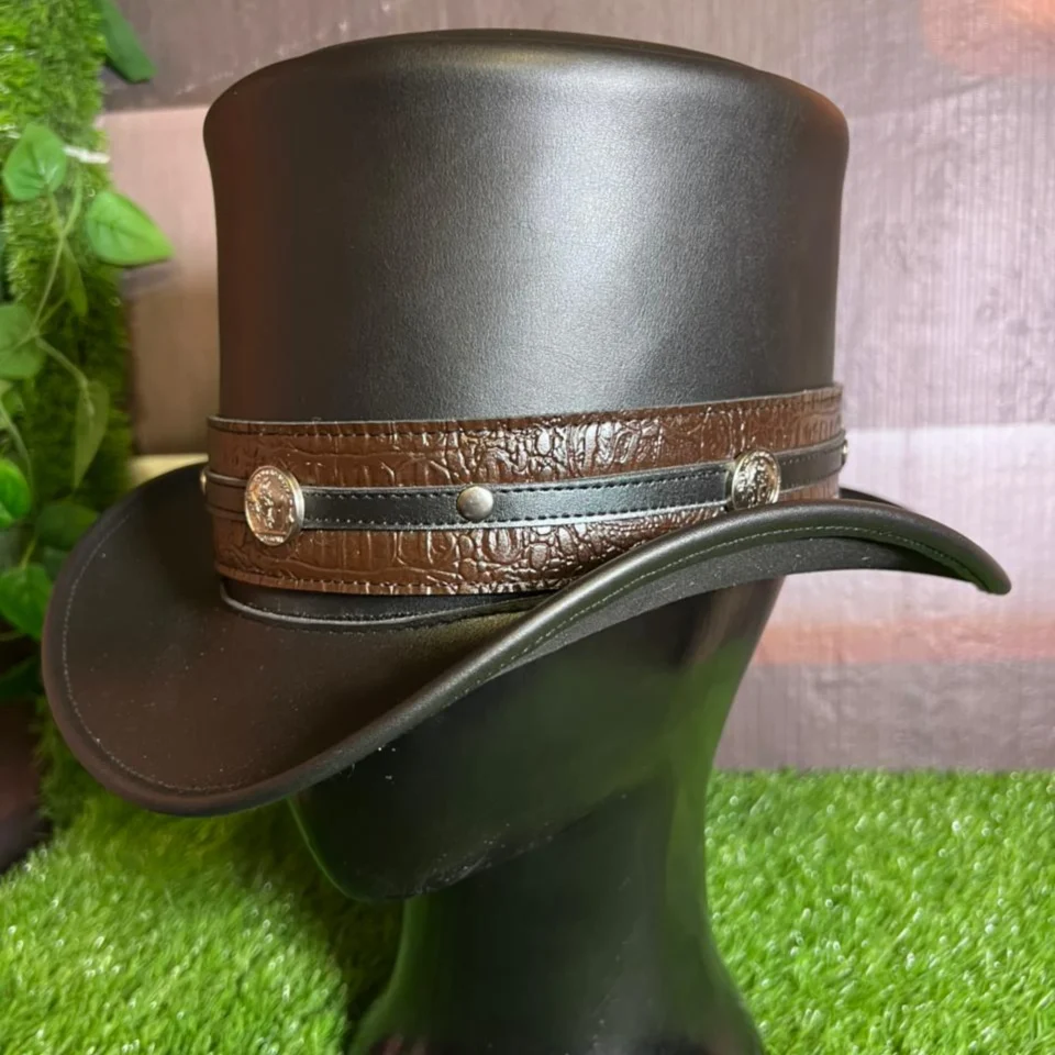 White Handmade Leather Statement Top Hat Style 105 back view - white steampunk top hat with structured crown