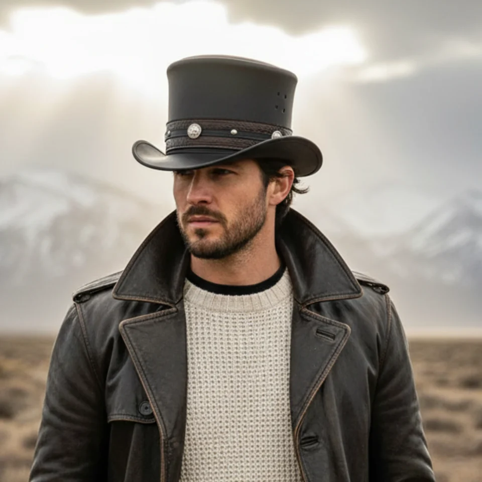 White Handmade Leather Statement Top Hat Style 105 front view - white steampunk top hat with structured crown