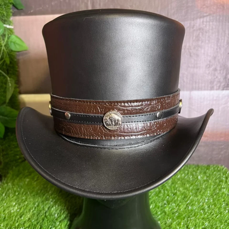 White Handmade Leather Statement Top Hat Style 105 side view - white steampunk top hat with structured crown