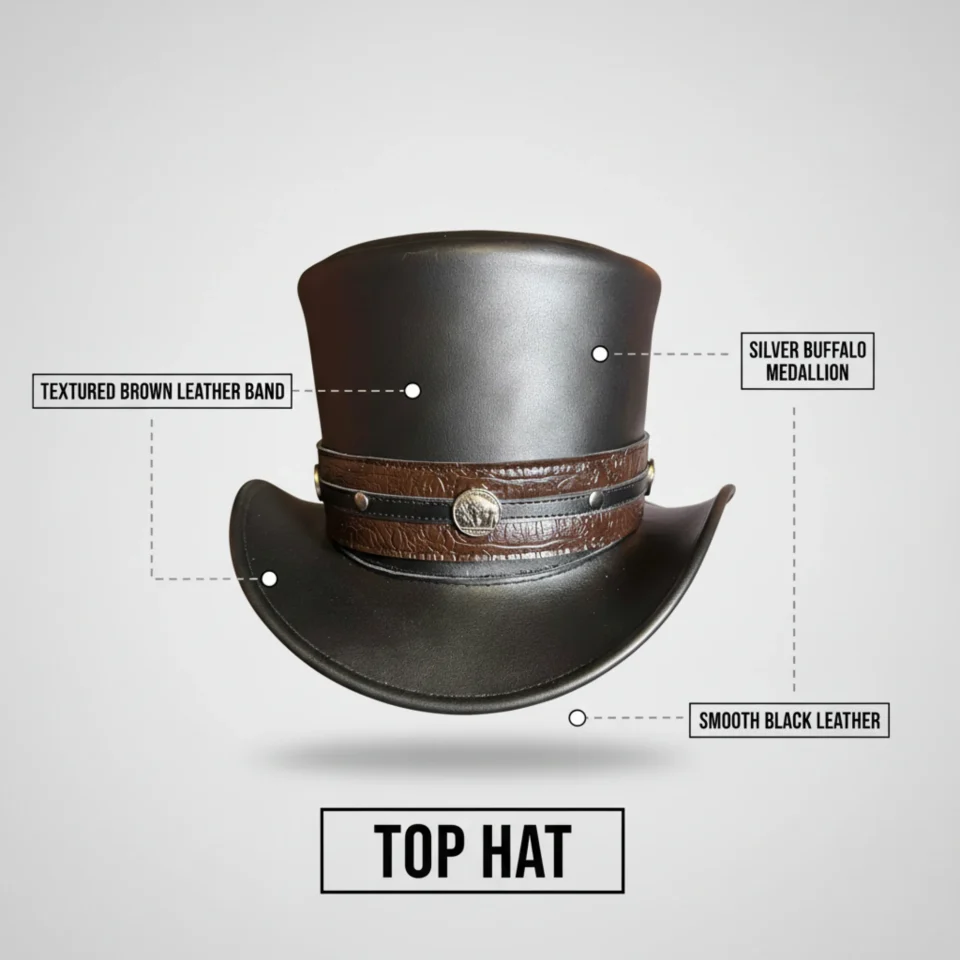 White Handmade Leather Statement Top Hat Style 105 three quarter view - white steampunk top hat with structured crown