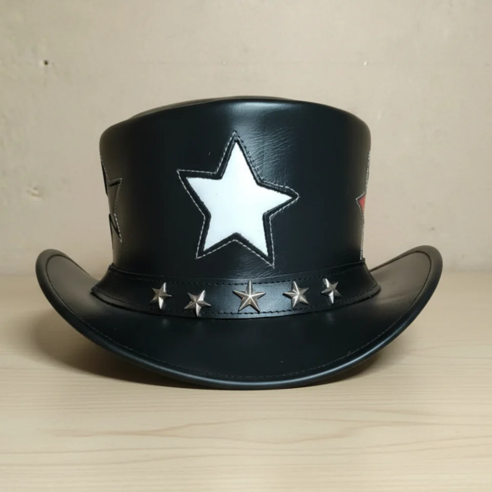 White Handmade Leather Statement Top Hat Style 153 side view - white steampunk top hat with structured crown